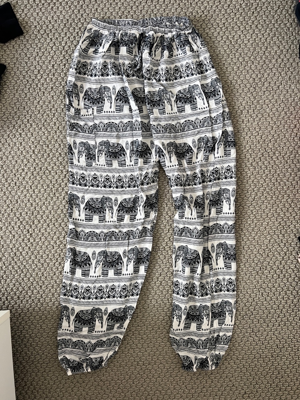 Black White Elephant Print Harem Jogger Pants Boho Festival Lounge Small